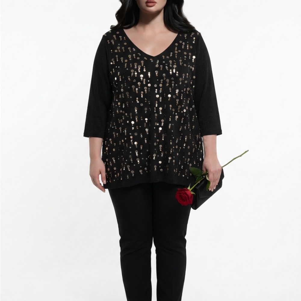 Roman's Front Embellished Sequin 3/4 Sleeve Pullover Swing Women's L Dressy Top